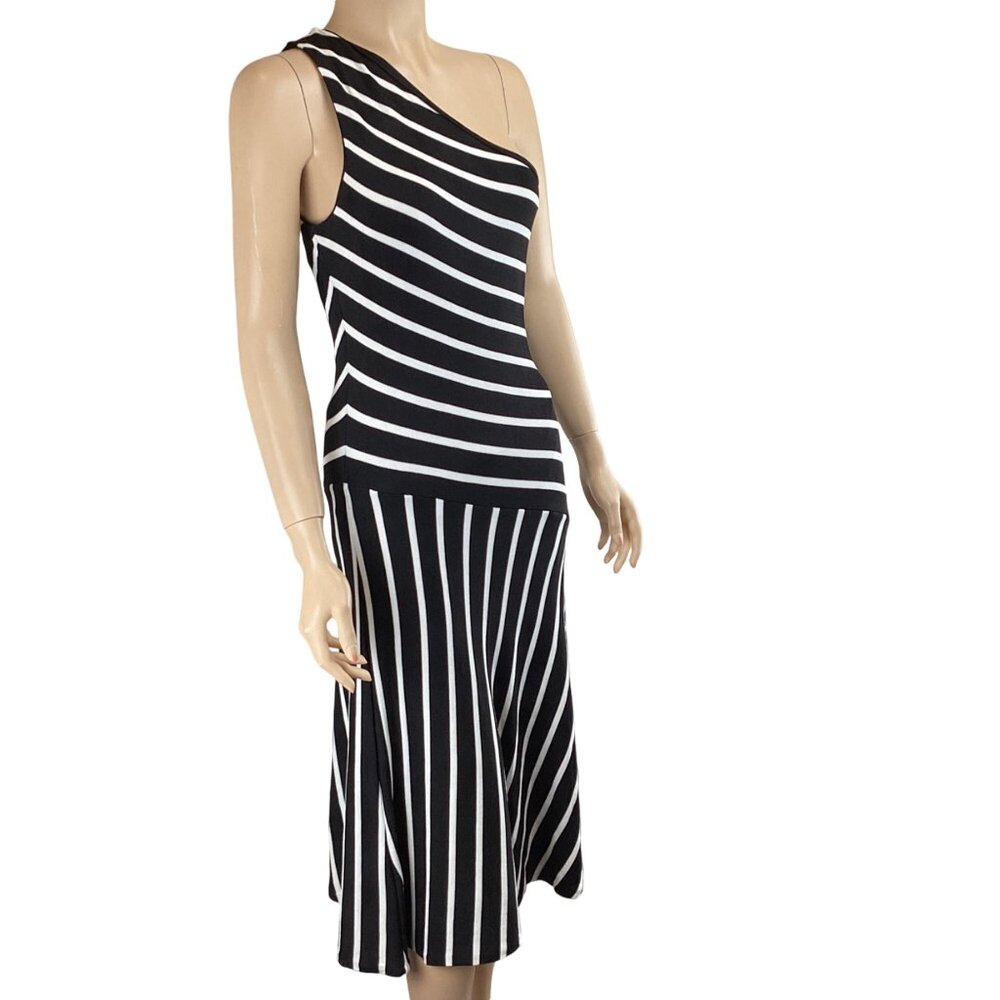 Lauren Ralph Lauren Dress Size Small Asymmetrical Black & White One-Shoulder - Picture 6 of 10